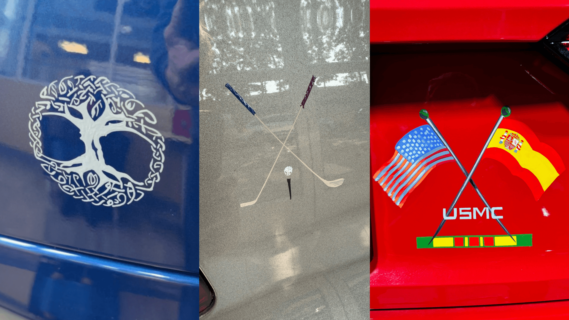 Three vehicle bumper stickers: a Celtic tree of life, crossed golf clubs and ball, and USMC flags for the US and Spain.