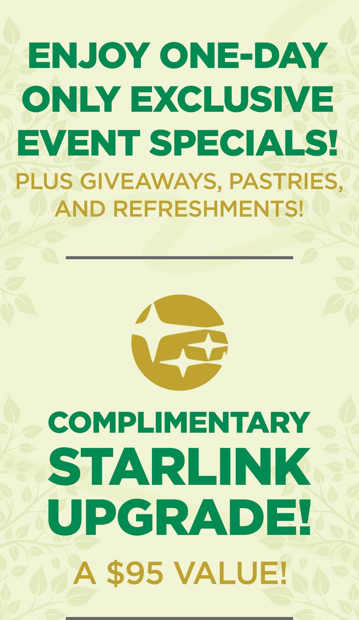 Banner for a Spring Sales Event on Saturday, April 29th, 10 AM - 5 PM, framed by yellow flowers and green leaves