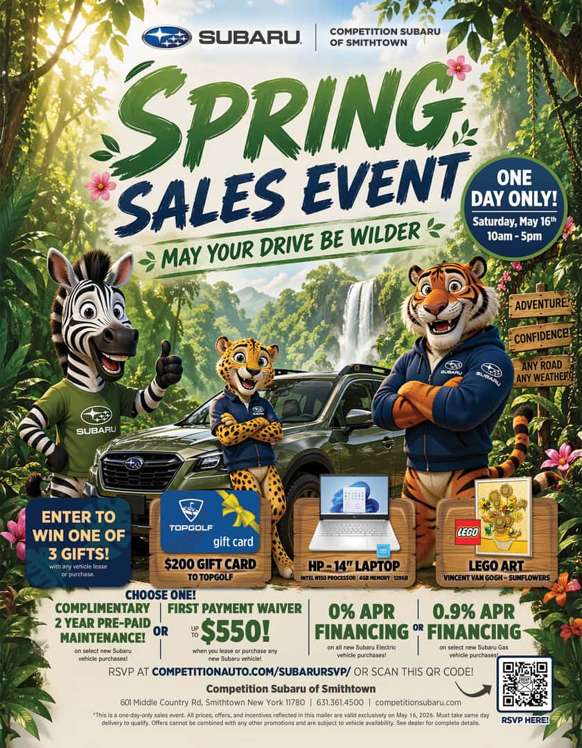 Subaru Spring Sales Event with Subaru SUV car in jungle animinated flyer